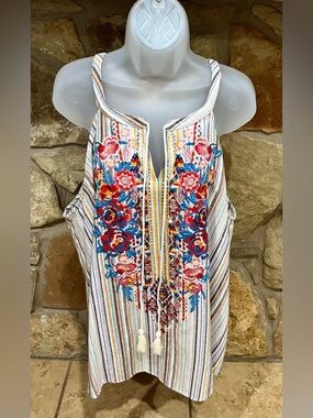 Savanna Jane Sleeveless Boho Blouse Women's 2X Stripes & Embroidery Tassel Ties